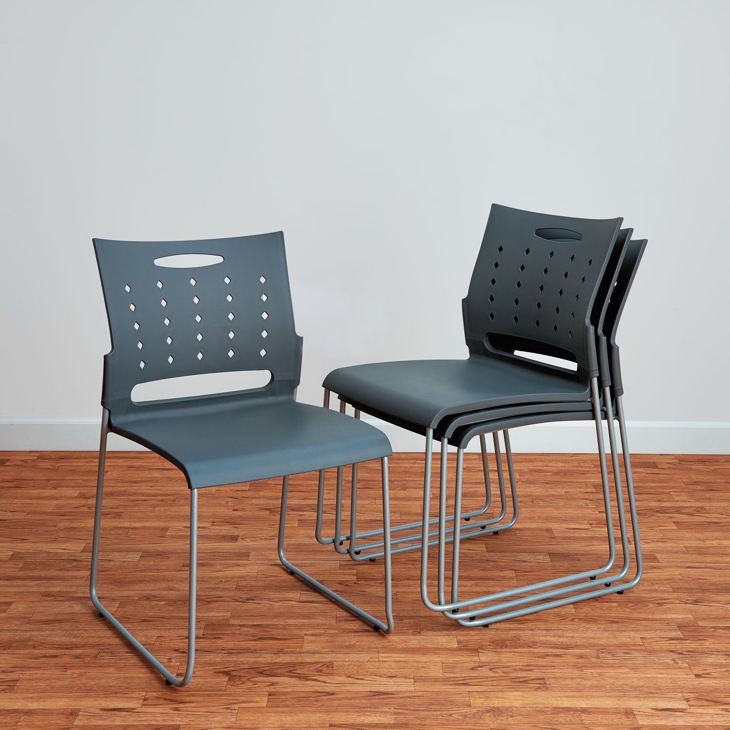 Alera Continental Series Plastic Perforated Back Stack Chair, Supports Up to 275 lb, Charcoal Seat/Back, Gunmetal Base, 4/CT