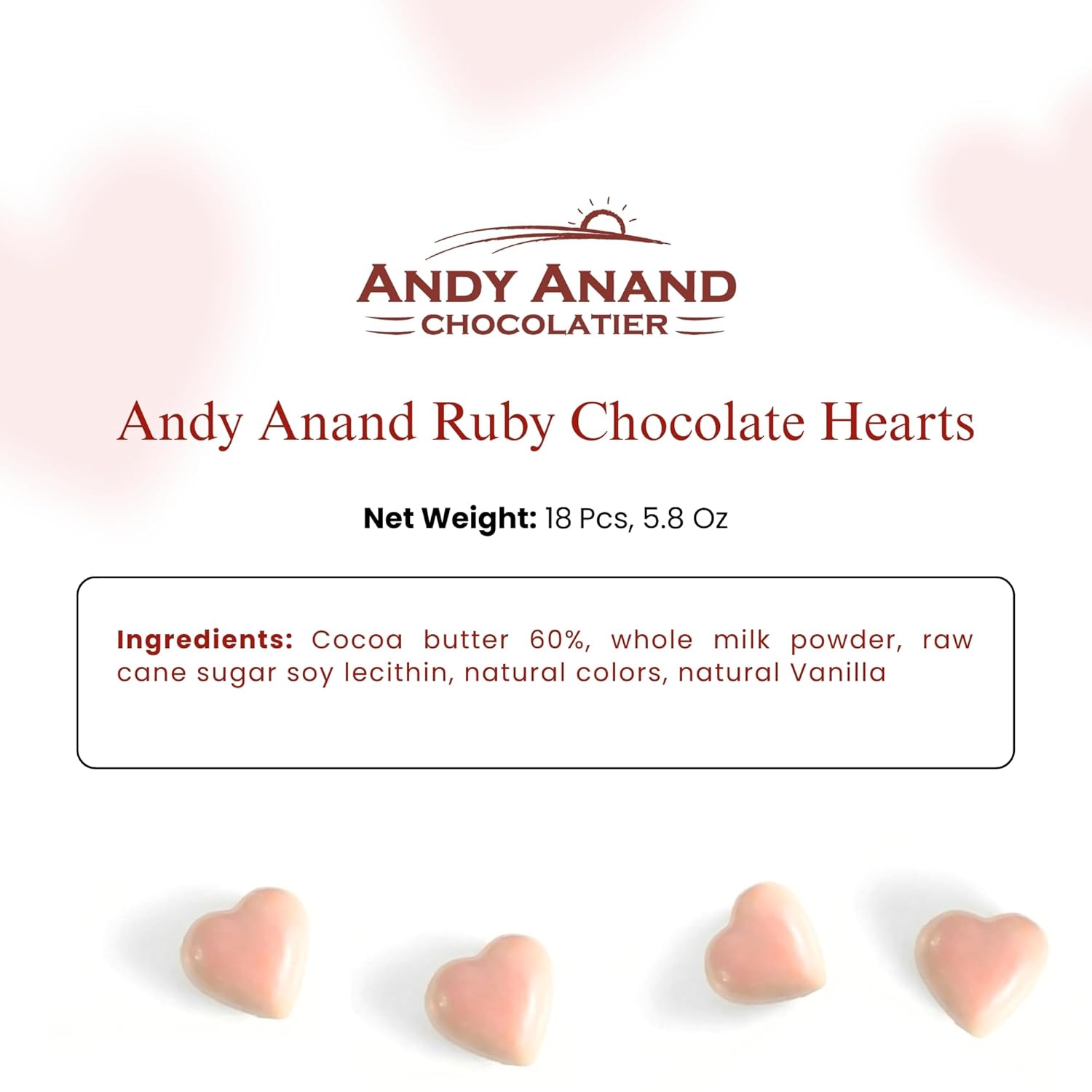 Andy Anand Ruby Chocolate Heart Truffles, 18 pc – Natural Berry-Pink Color, Fruity Flavor, Gluten-Free, Valentine's & Anniversary Gift