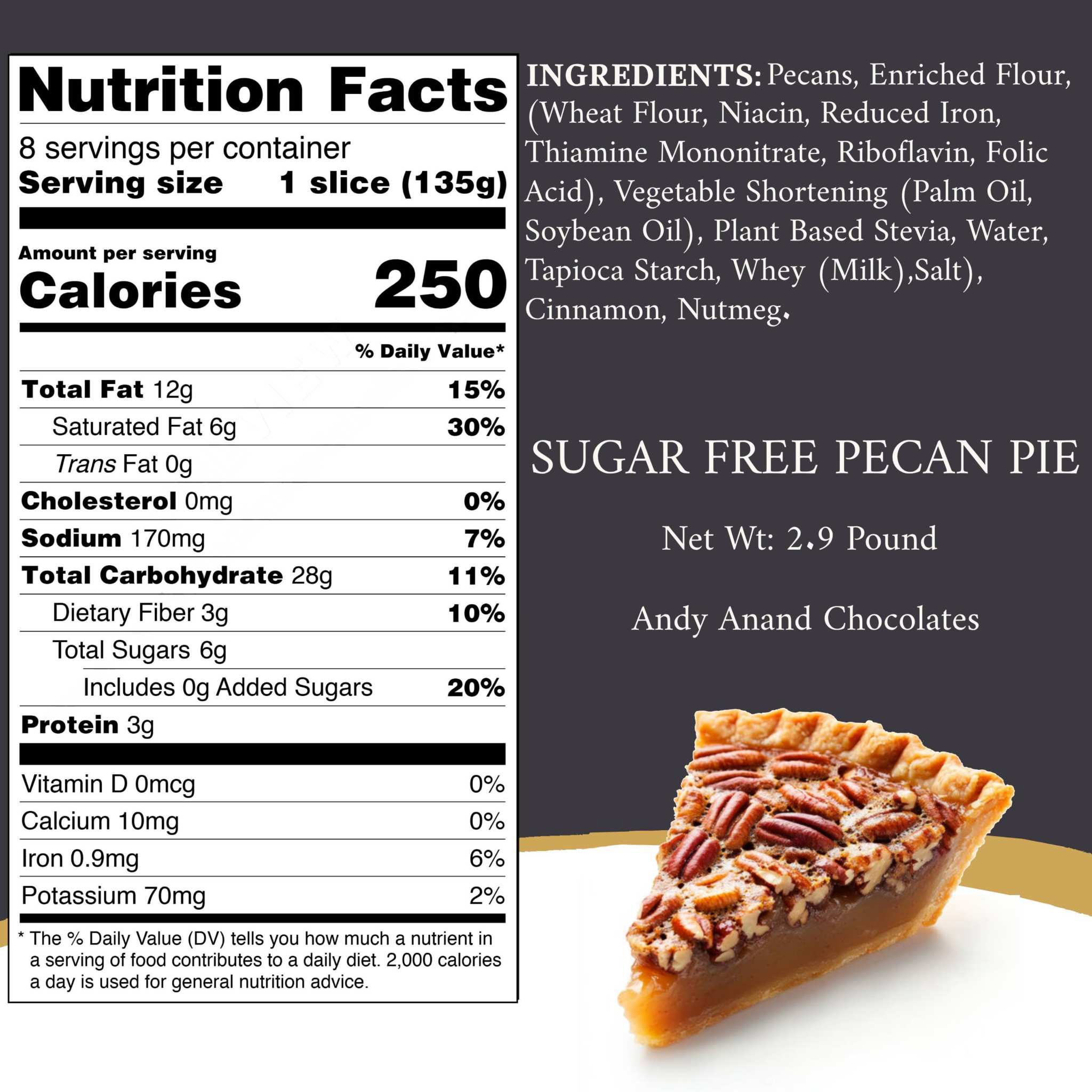 Andy Anand Sugar-Free Dark Chocolate Pecan Pie, 2 lb – Keto & Diabetic-Friendly, Real Toasted Pecans, Flaky Crust, Birthday & Holiday Gift