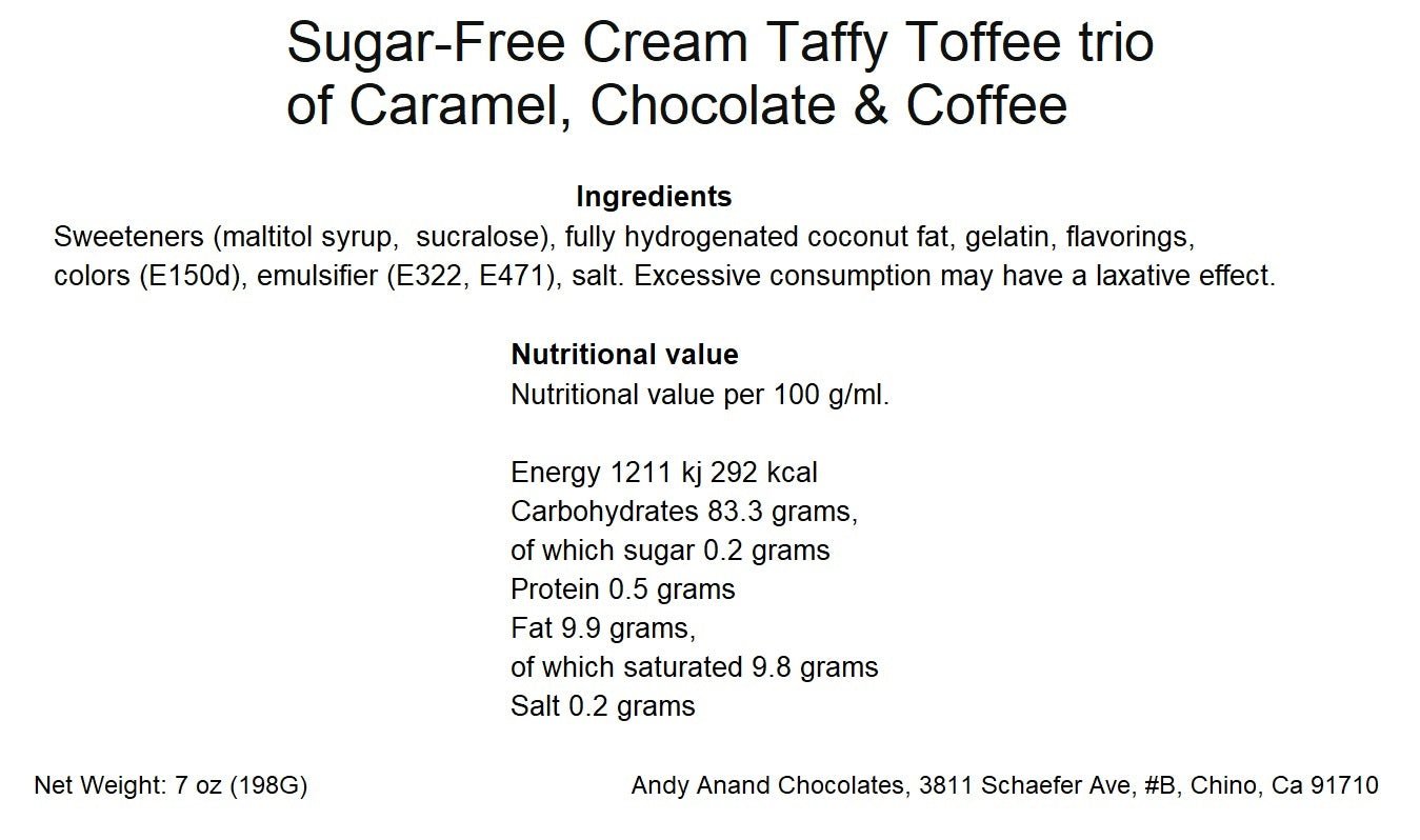 Andy Anand Sugar-Free Creamy Taffy Toffee, 33 pc, 7 oz – Caramel, Chocolate & Coffee, Gluten-Free, Made in Europe, Diabetic-Friendly Gift